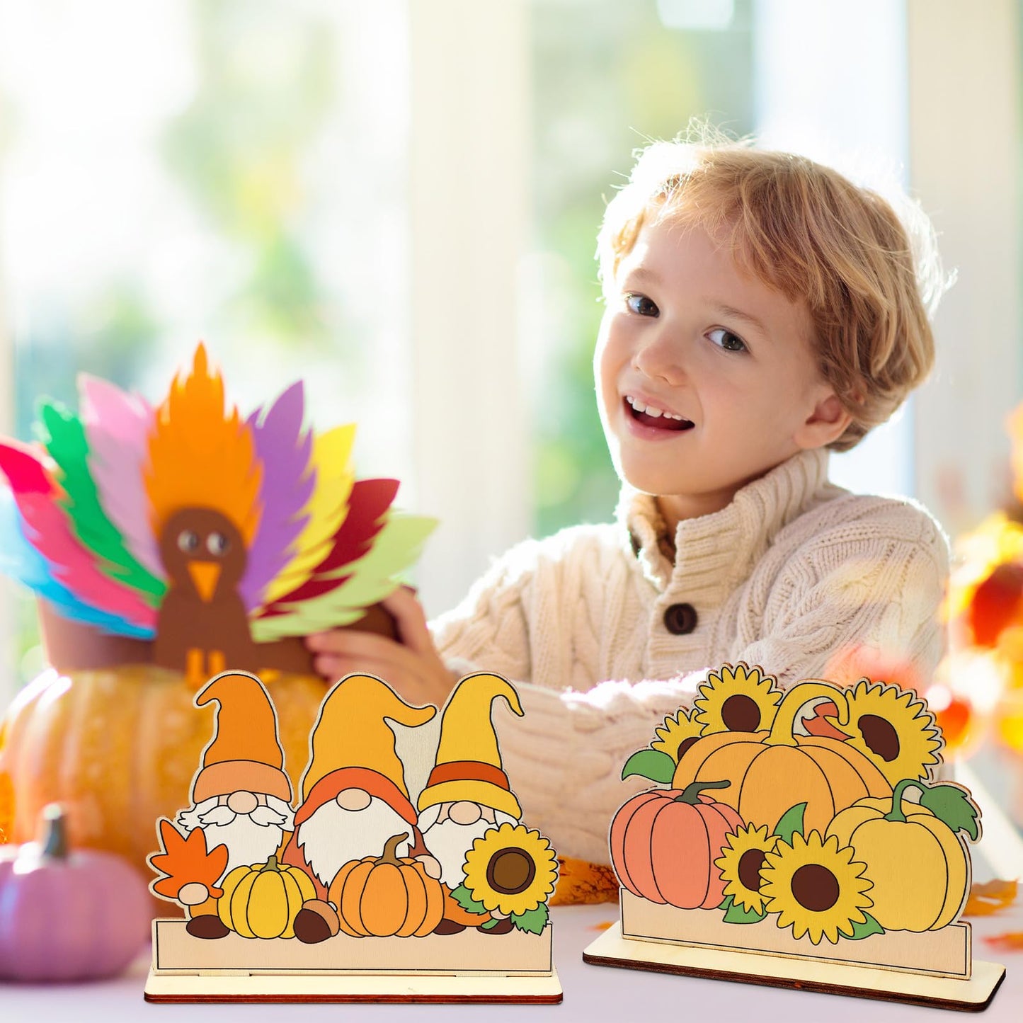 Yousoontic 24 Pcs Wooden Fall Crafts Color Your Own Autumn Table Signs Decorations DIY Hello Fall Gnomes Pumpkin Truck Scarecrow