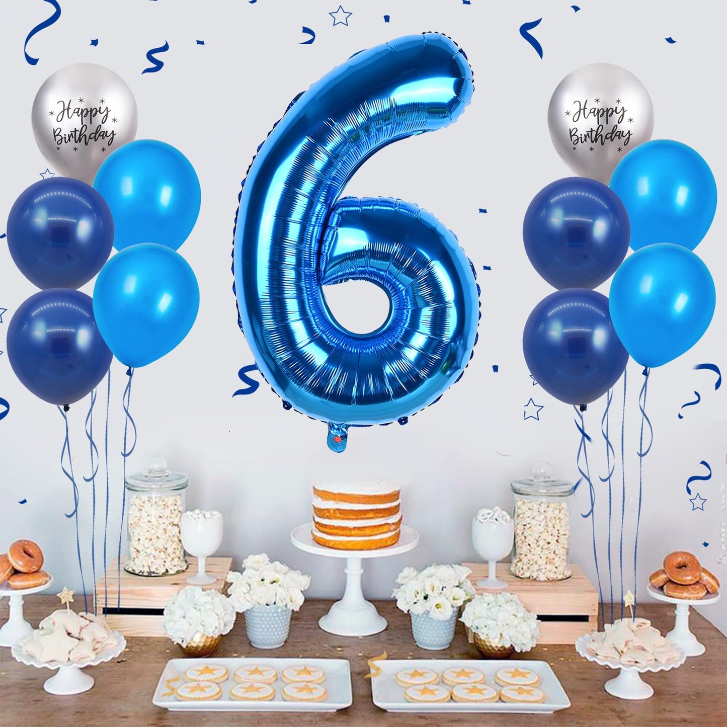 40 Inch Blue Number 6 Balloon, 6Th Birthday Balloons, 11Pcs Silver Birthday Print Balloons Dark Light Blue Latex Balloons 6 Foil