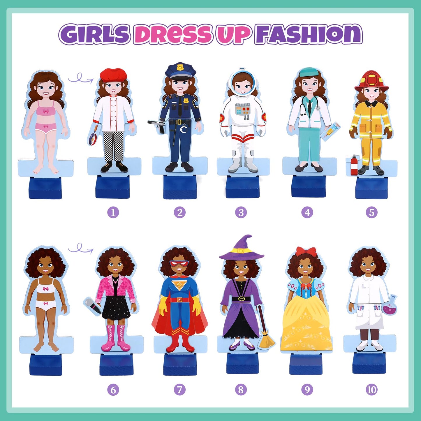 Atoylink Wooden Magnetic Dress Up Dolls For Girls Pretend Play Set, Princess/Witch/Occupations Community Helpers Matching Games Fashion Paper Dolls For Toddlers Preschool Learning Toys Gifts