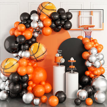 Basketball Balloon Garland Kit Orange Black Metallic Silver And Basketball Aluminum Film Balloons For Sport Theme Party Basketball All Star Space Jam Birthday Decorations