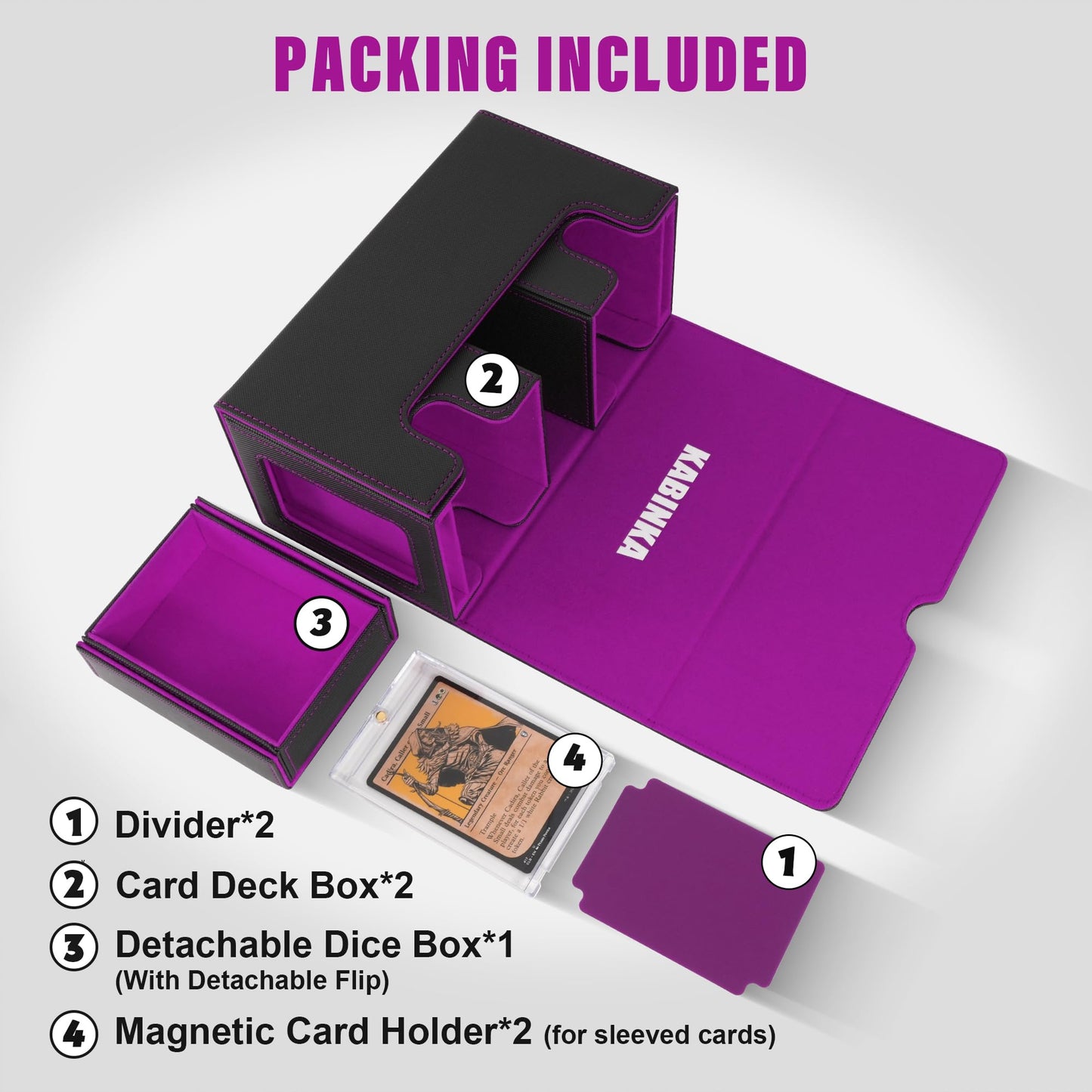 Kabinka Deck Box for MTG with Commander Display  3 in 1 Trading Card Storage Box Fit 200 Double-sleeved Cards  Removable Deck Case for TCG/Sports Cards with 2 Magnetic Card Holders (Black Purple)