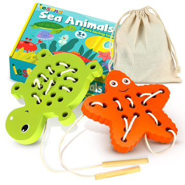 Klt Wooden Lacing Threading Toys For Toddlers Fine Motor Skills, 1 Turtle 1 Starfish Car Airplane Toddler Travel Toys, Wood Puzzle Educational Gifts Learning Montessori Toys For 3, 4, 5 Years Old Kids