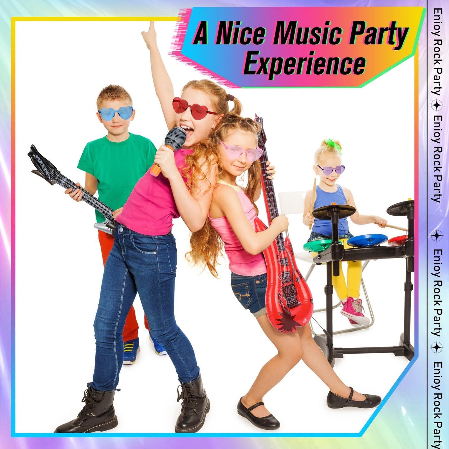 Chitidr 36 Pcs Inflatable Rock Star Toy Set Include 12 Inflatable Guitars 12 Inflatable Microphones 12 Colorful Heart Shaped Sun