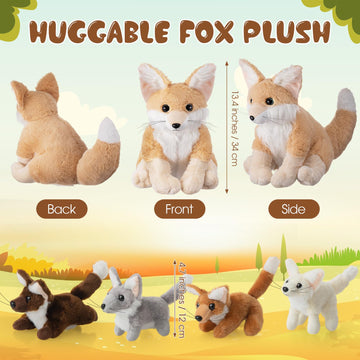 Hydren 5Pcs Woodland Animals Plush Toys Set 13.4 Inch Large Fennec Fox Stuffed Animal With 4 Cute Baby Fox Plush Toys Gift For V