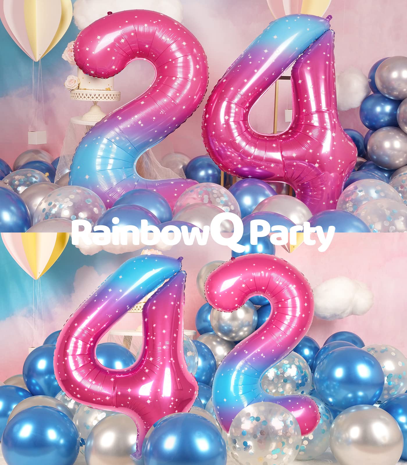Rainbowq 24 Balloon Numbers 40 Inch For Women Big Starry 0-9 Foil Mylar Large Number 24 Balloons Happy 24Th Birthday Party Anniv