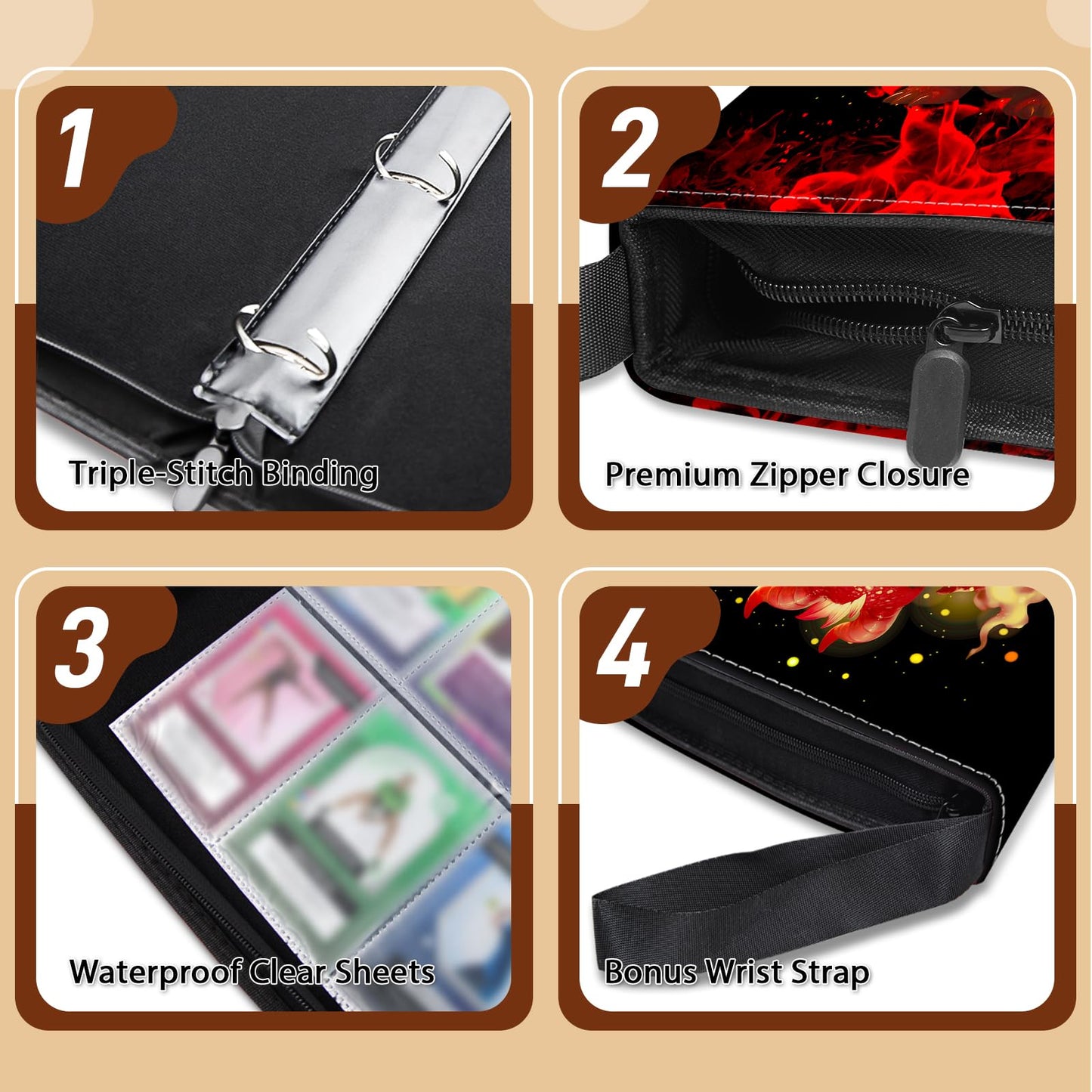 Wazzio 900 Pocket Trading Card Storage Album  Card Binder with 50 Durable 9-Pocket Pages  Pterosaur Dragon Design on Pocket Card Packs  Gifts for Zipper Closure Collector's Album