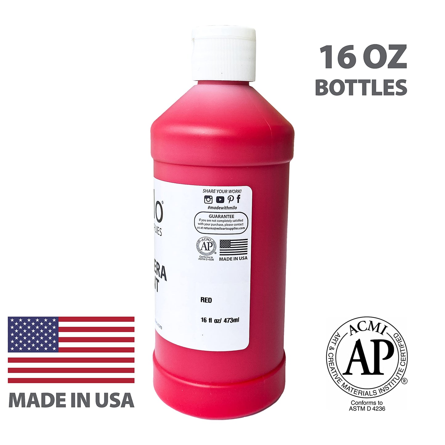 Milo Tempera Paint Set Of 8 Colors | 16 Oz Bottles | Made In The Usa | Washable And Non-Toxic Art & Craft Poster Primary Finger