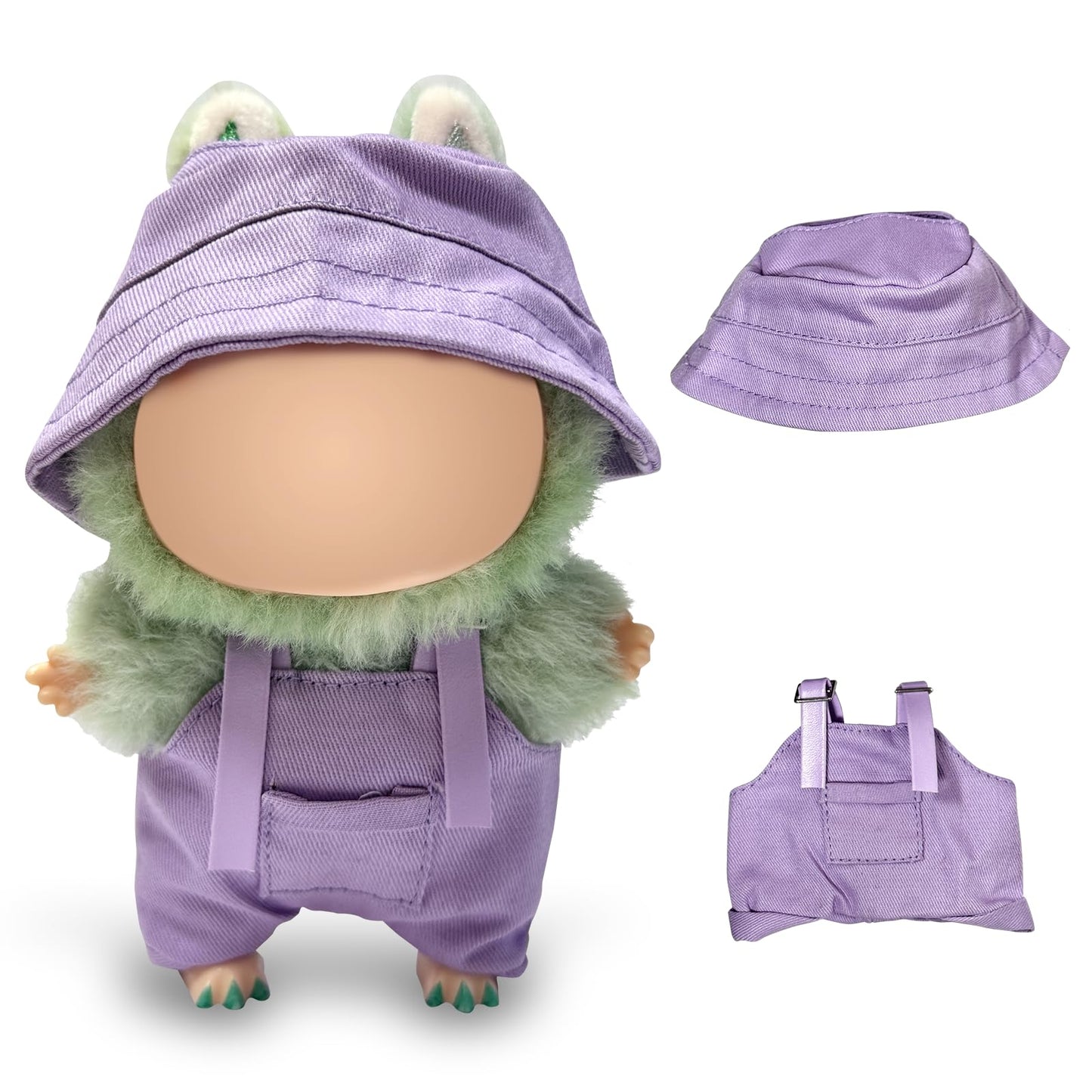 17cm Light Purple Doll Clothes Set (No Doll)  Bucket Hat & Overalls Shorts Outfit  Cute Style for 17cm Doll Dress - up (Hat-Overalls Purple)