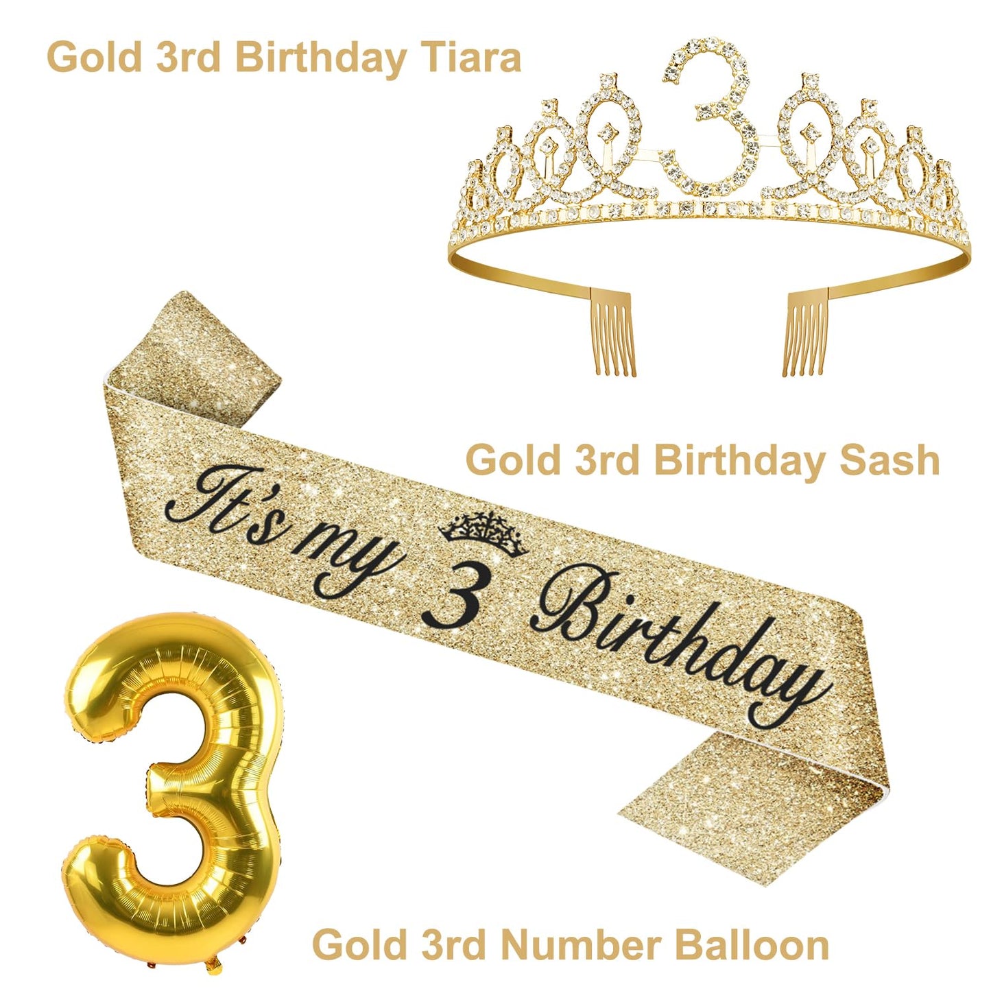 3rd Birthday Decorations for Girls, Including 3rd Birthday Sash and Tiara, Cake Topper and Candle 3, Number 3 Balloon Gold, 3 Bi