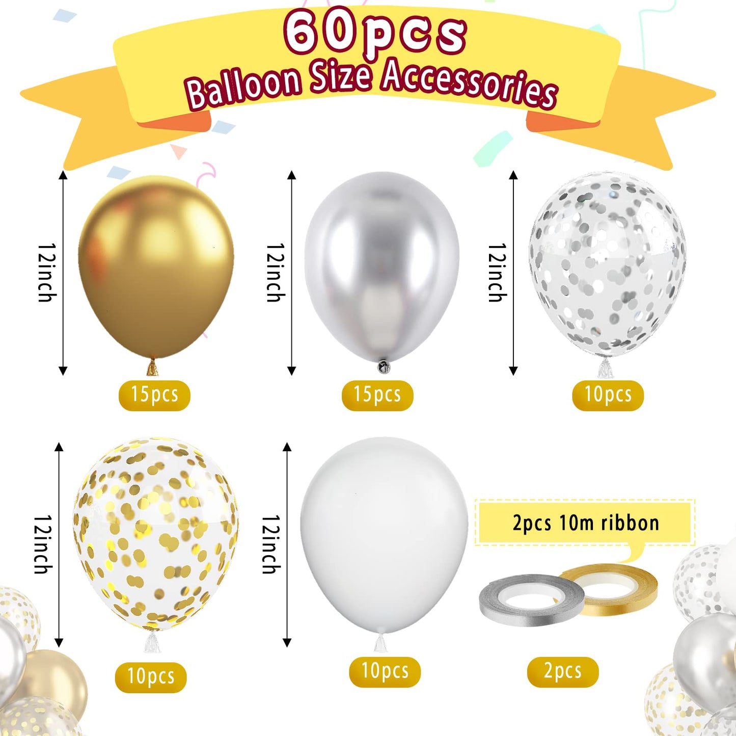 Paready Gold and Silver Latex Balloons, 12 Inch, 60 Pcs, Metallic Gold, Silver, and White Confetti for Celebrations