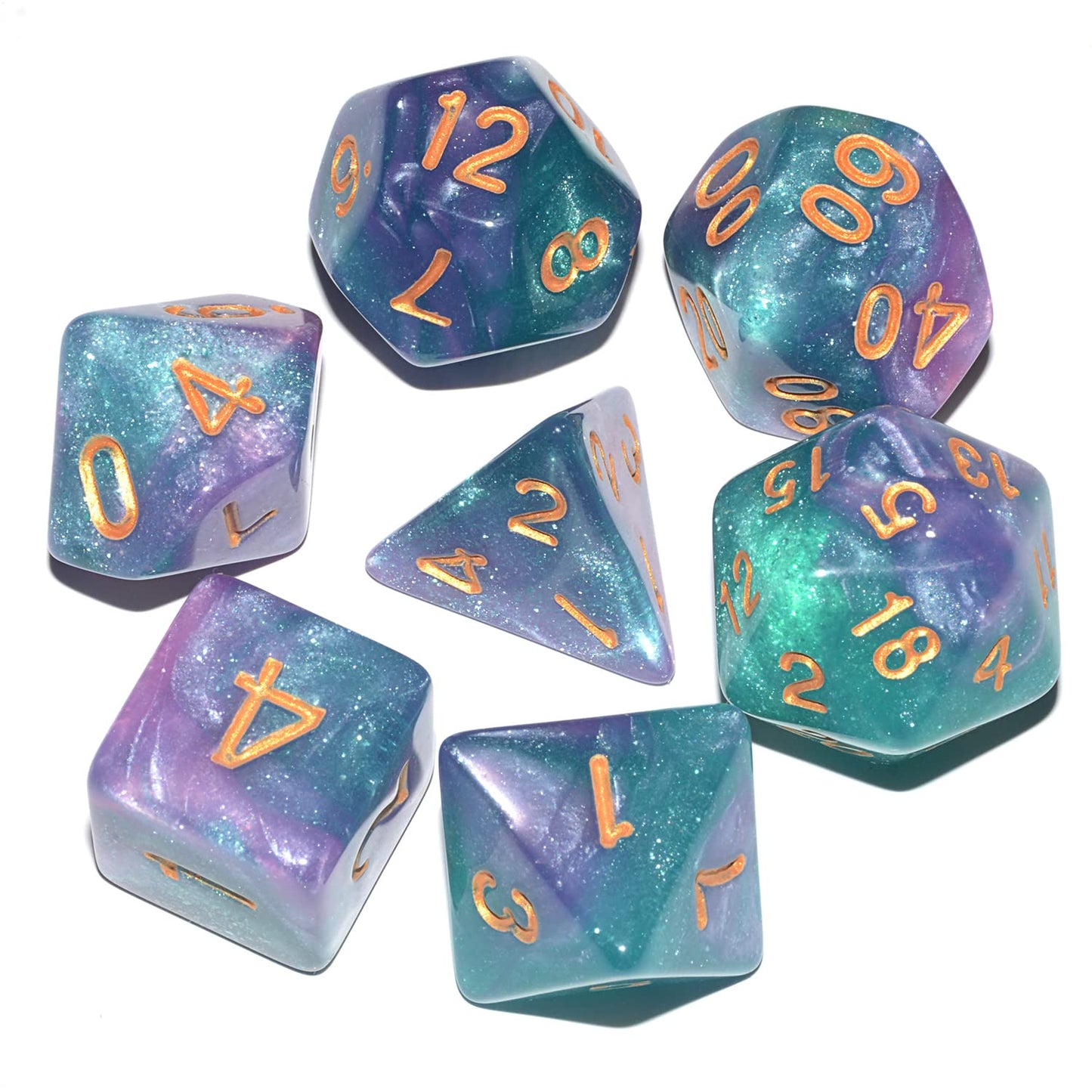 DND Dice 7Pieces, Cosmic Purple Green Mixed Polyhedral DND Dice for RPG MTG Table Game Dice
