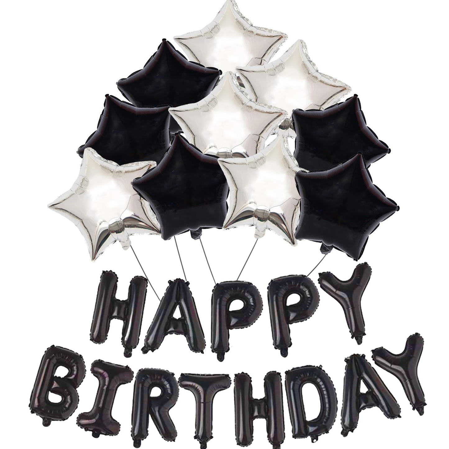 Big Black Happy Birthday Banner (3D Silvler) Mylar Foil Happy Birthday Balloons, 27Pcs Birthday Party Decorations With 10Pcs Ext