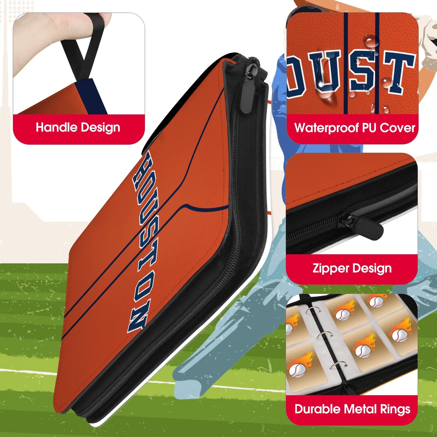 Kivolfun Baseball Card Binder With Sleeves, 400 Pocket, Houston Orange, 3 Ring Binder Storage Book Folder Organizer For Kids Gif