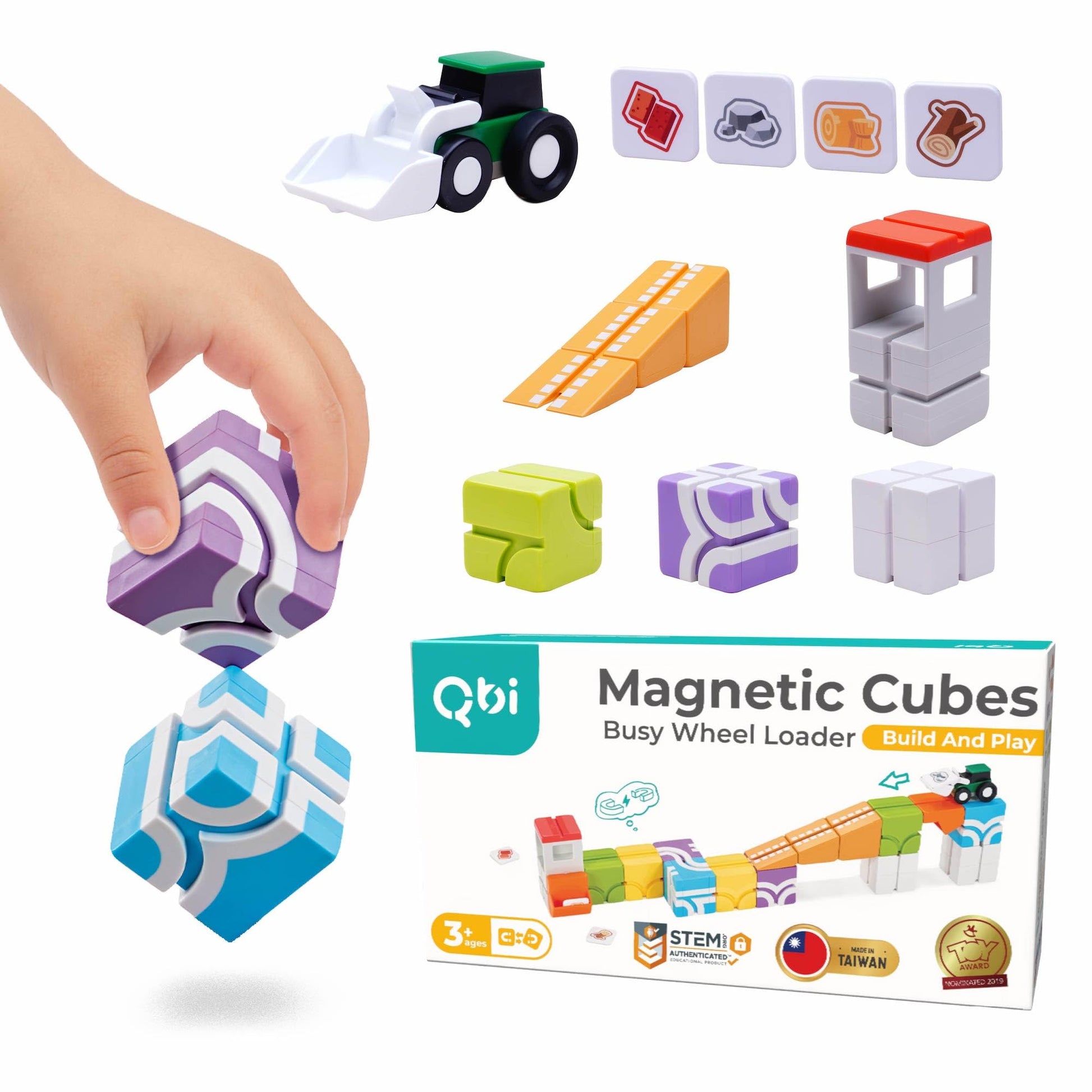 QBI Magnetic Blocks for Toddlers Ages 3+ | STEM Magnetic Block Tracks with Wheel Bulldozer & Tiles | 3D Colorful Magnet Building