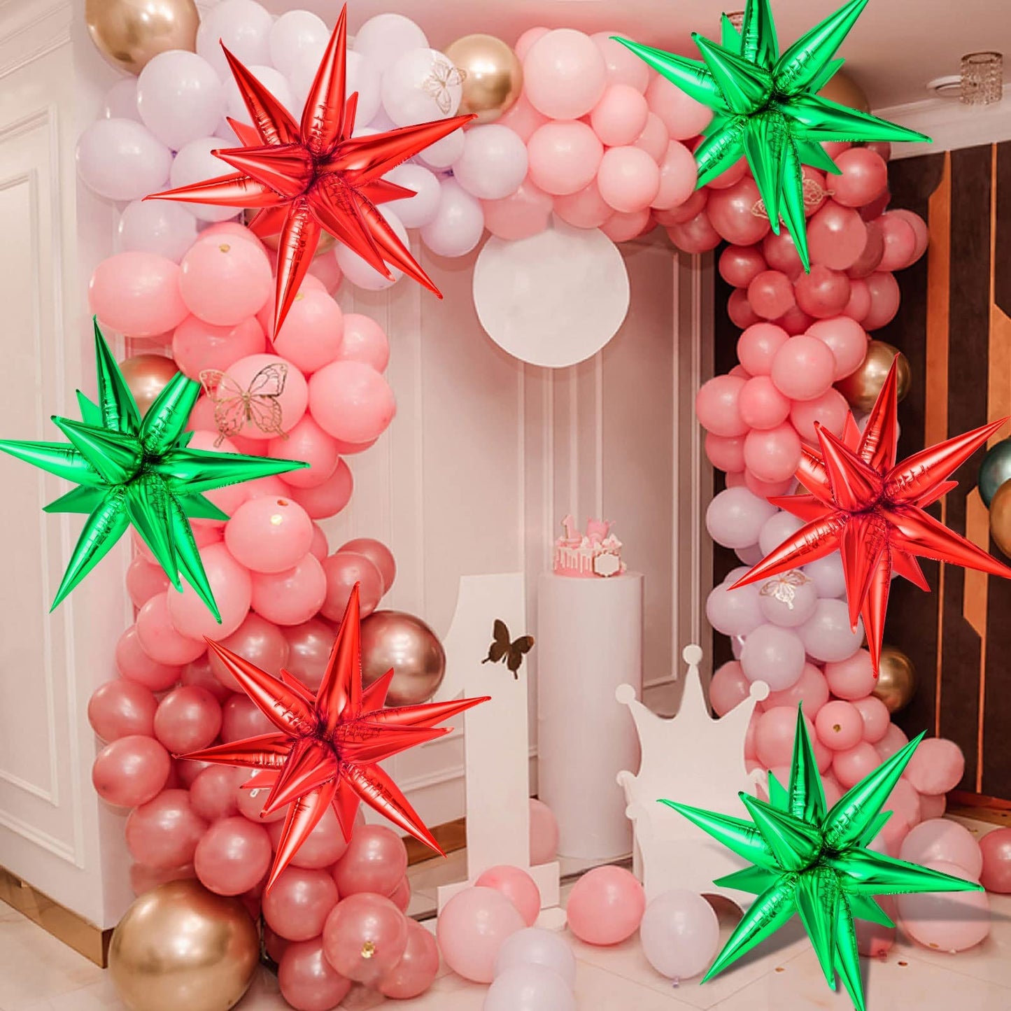 72 Pcs Star Balloons, Big 26 Inch Explosion Christmas Star Cone Balloons, Red And Green Foil Cone Mylar Balloons, 12 Point Spike