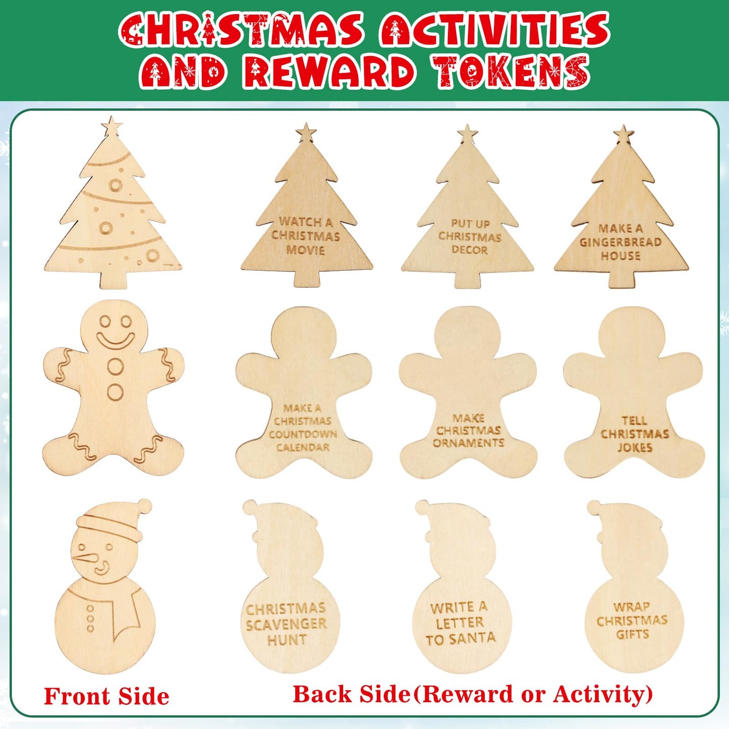 Cypherx Christmas Advent Calendar Fillers, 30 Pcs Christmas Countdown Wood Tokens, 21 Xmas Activities Tokens + 9 Rewards Tokens,