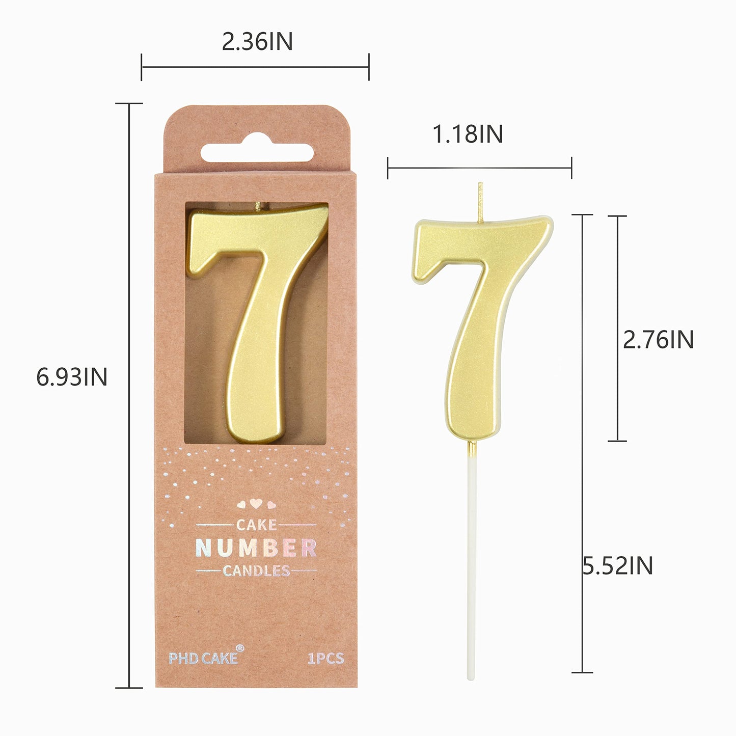 PHD CAKE 2.76 Inch Modern Gold 7 Number Birthday Candles, Gold Number Candles, Cake Number Candles, Party Celebration