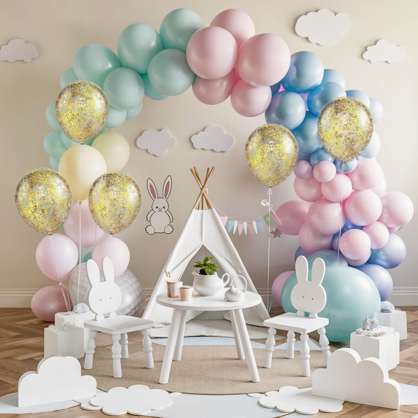 Pastel Balloons, 65 Pcs Pastel Color Balloons, Macaron Balloons Mit Glitter Gold Confetti Balloons For Easter Balloon Arch, Colo