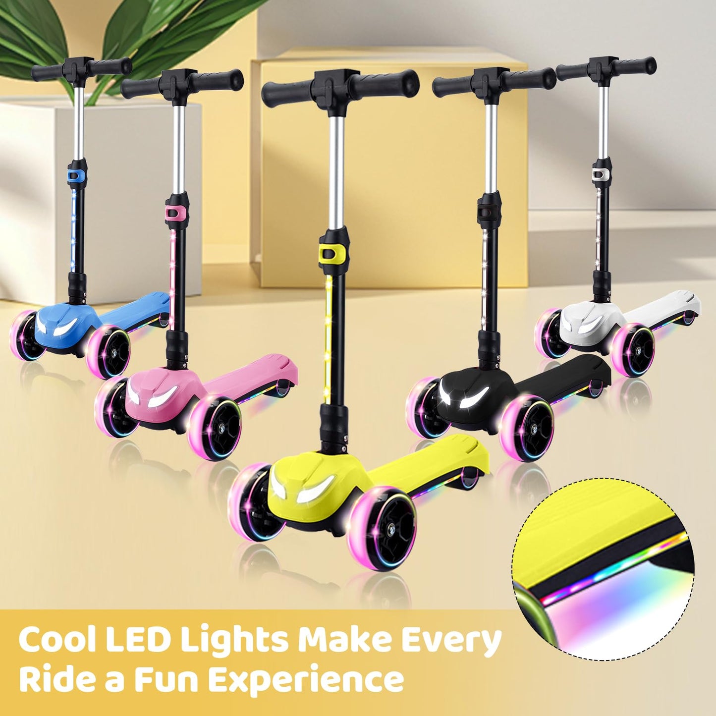 Kids Electric Scooter w/LCD Screen, Bluetooth Music, Light-Up Stem Deck & Wheels, Thumb Throttle, 3 Adjustable Heights, 150W Pow