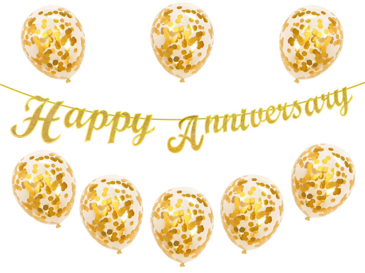 Flyloons Gold Happy Anniversary Banner with Confetti Balloons Decoration Kit for Men Women 8 Pcs Gold Colour Confetti Meatallic 