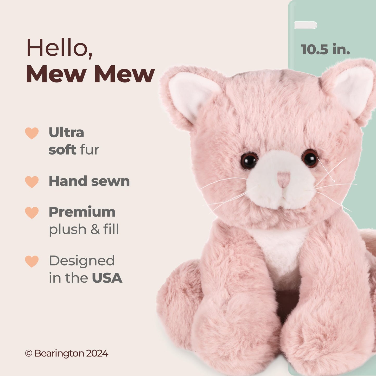 Bearington Mew Mew The Pink Kitty Stuffed Animal Plush, 10.5 Inch Stuffed Animal - Cat Plush - Cat Stuffy