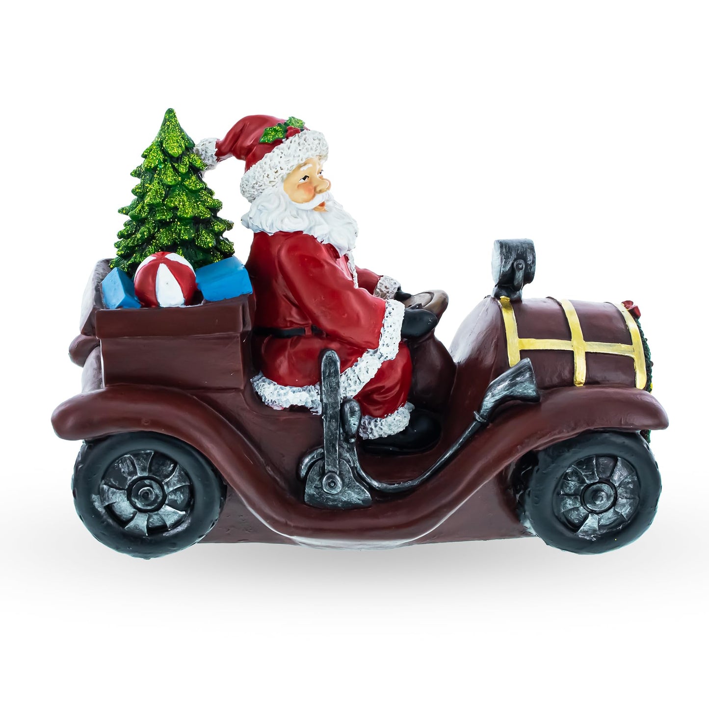 Bestpysanky Santa Driving Classic Car With Led Lights Figurine 10.5 Inches Long