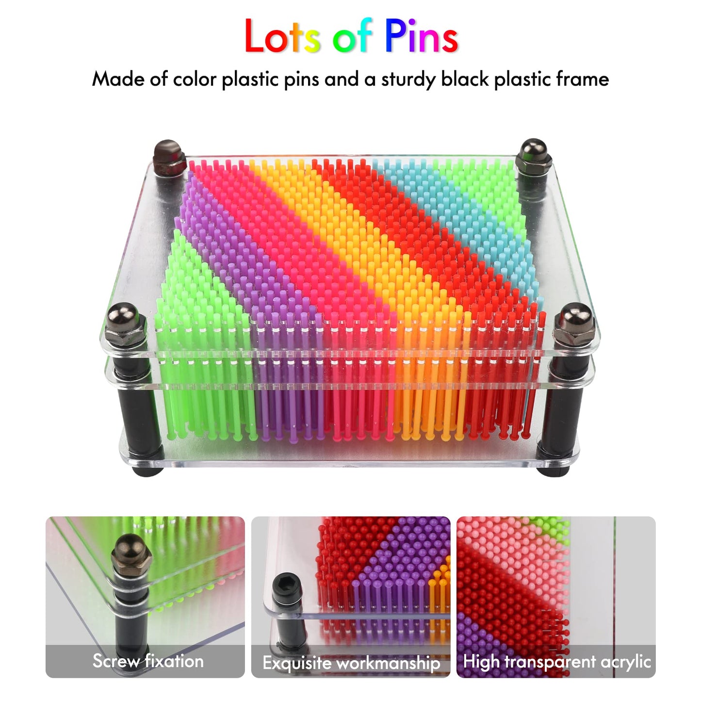 3D Pin Art Toy, Size 3.75” X 5” Unique Metal 3D Pin Art Board Impression Toy For Kids (Rainbow, Plastic)