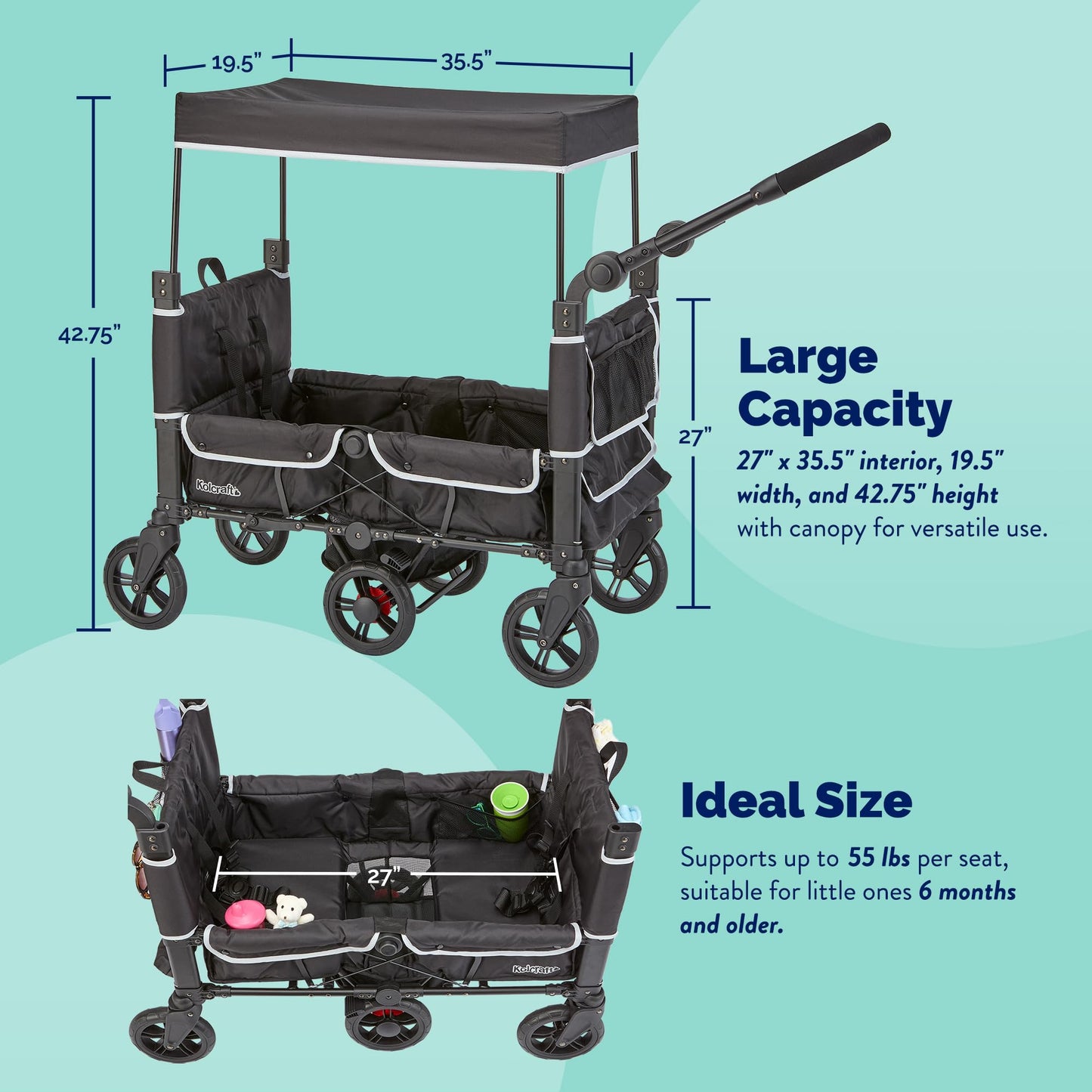 Kolcraft Cloud 360 Lightweight Double Baby Stroller Wagon For Two Kids Toddlers, Ultra Maneuverable Collapsible Cart With Deep F