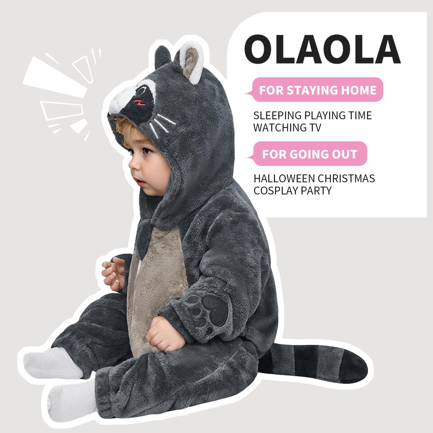 Olaola Baby Animal Costume Onesie, Unisex Toddler Raccoon Romper, Plush Cosplay Dress Up Infant Outfits Halloween Costume