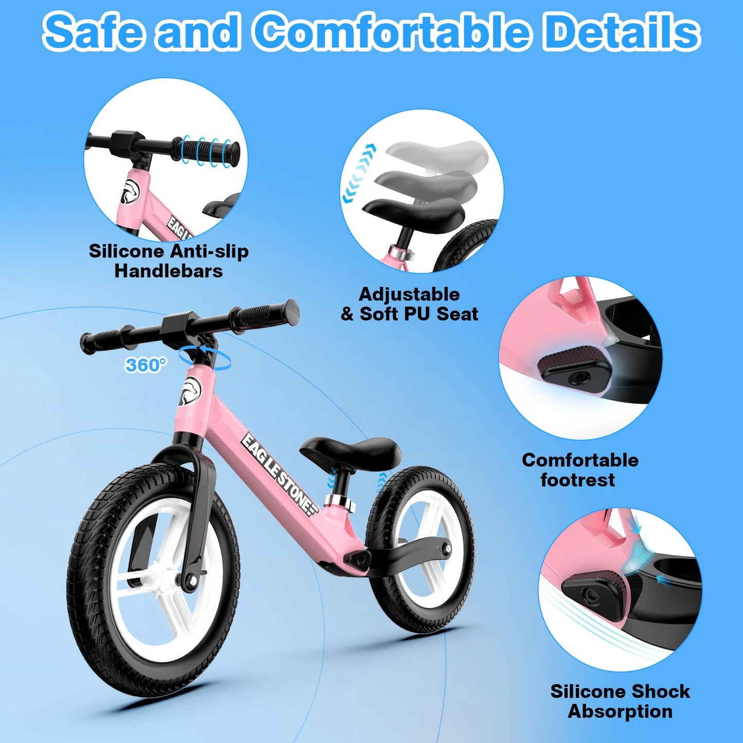 Eaglestone Colorful Lighting Toddler Balance Bike 3 Year Old,Lightweight Bike For 2 Year Old Boys Girls With Inflatable Tires And Adjustable Seat, Birthday Gift,Pink
