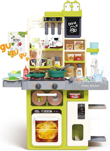 Kids Kitchen Play Set 91 Pieces | Pretend Play Cooking Set with Running Water Sink, Spraying Mist, Steam Effect, Lights & Sounds