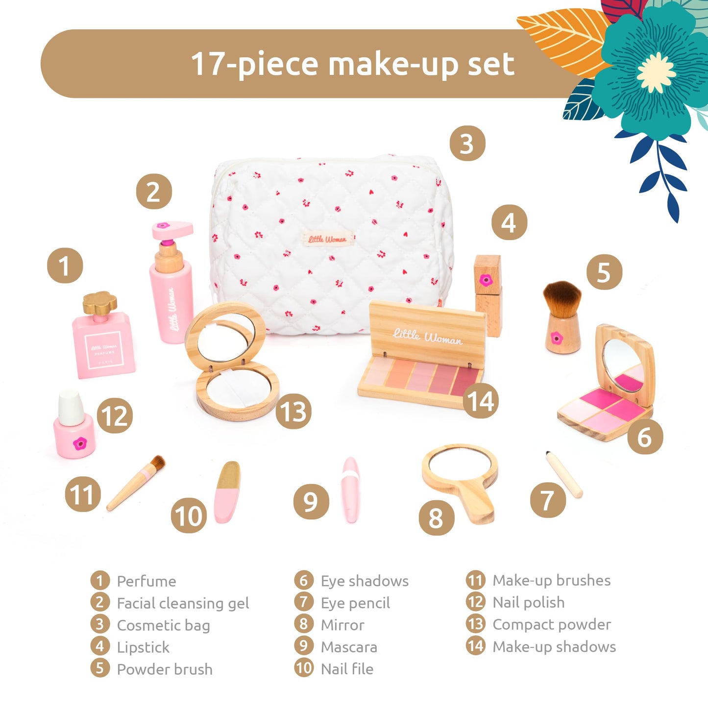 Umu Stylish Wooden Beauty Set Little Woman For Girls - Makeup Playset 17 Piece Kit With Makeup, Brush, Mirror And Cosmetics Case
