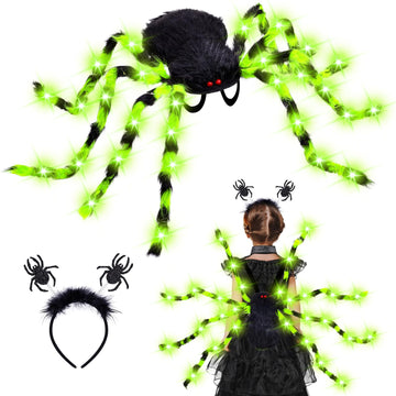 Garma Halloween Giant Spider Costume Set, 60 Led Green Light-Up Spider Backpack With Spider Headband, Scary Plush Costume For Ki