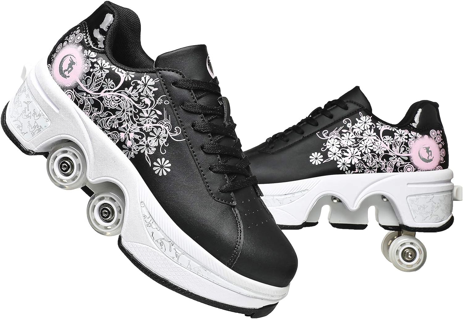 Double-Row Deform Wheel Automatic Walking Shoes Invisible Deformation Roller Skate 2 in 1 Removable Pulley Skates Skating Parkour (Black Powder  US8.5)