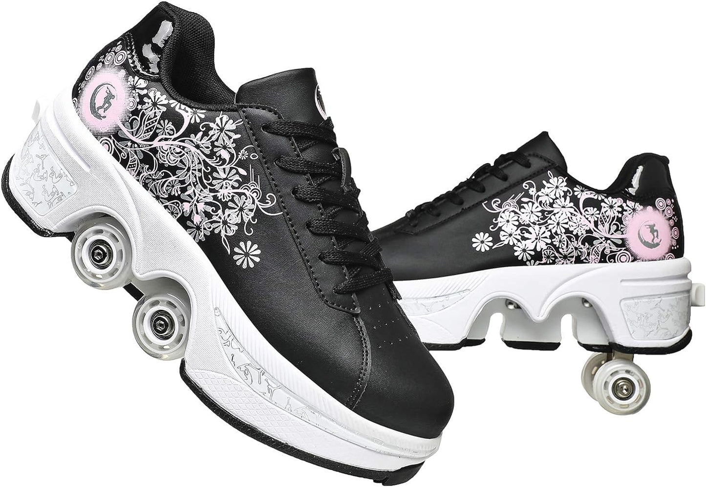 Double-Row Deform Wheel Automatic Walking Shoes Invisible Deformation Roller Skate 2 in 1 Removable Pulley Skates Skating Parkour (Black Powder  US 7)