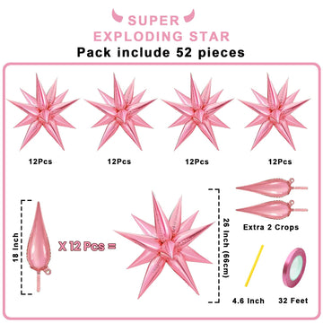 Funtoob Pink Star Balloons Metallic Star Foil Balloons Birthday Balloons Pink Star Cone Balloons Starburst Balloon Spike Balloon