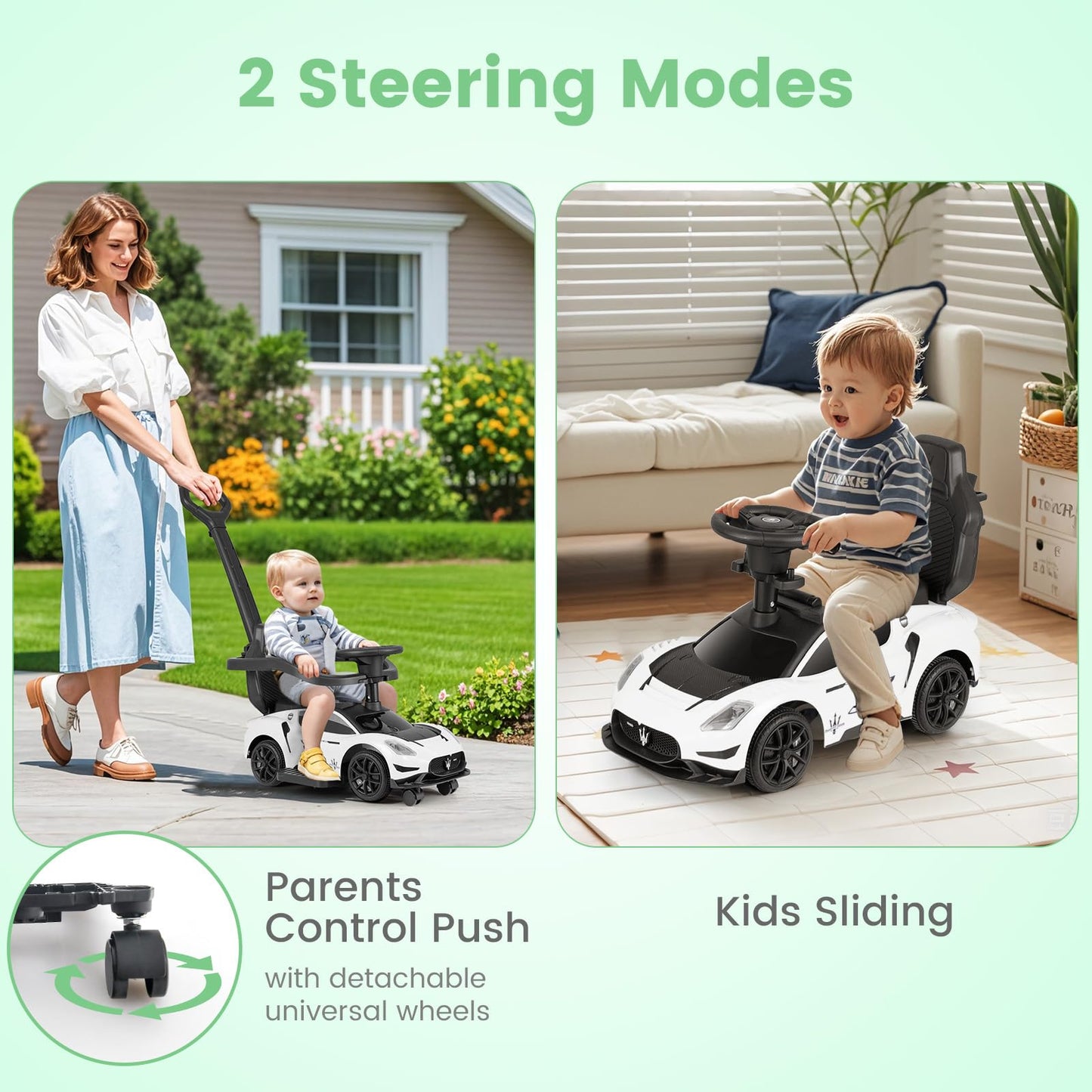 OLAKIDS 3 in 1 Ride on Push Car, Licensed Maserati Baby Sliding with Removable Parent Control Handle, Universal Wheels, Safe Gua