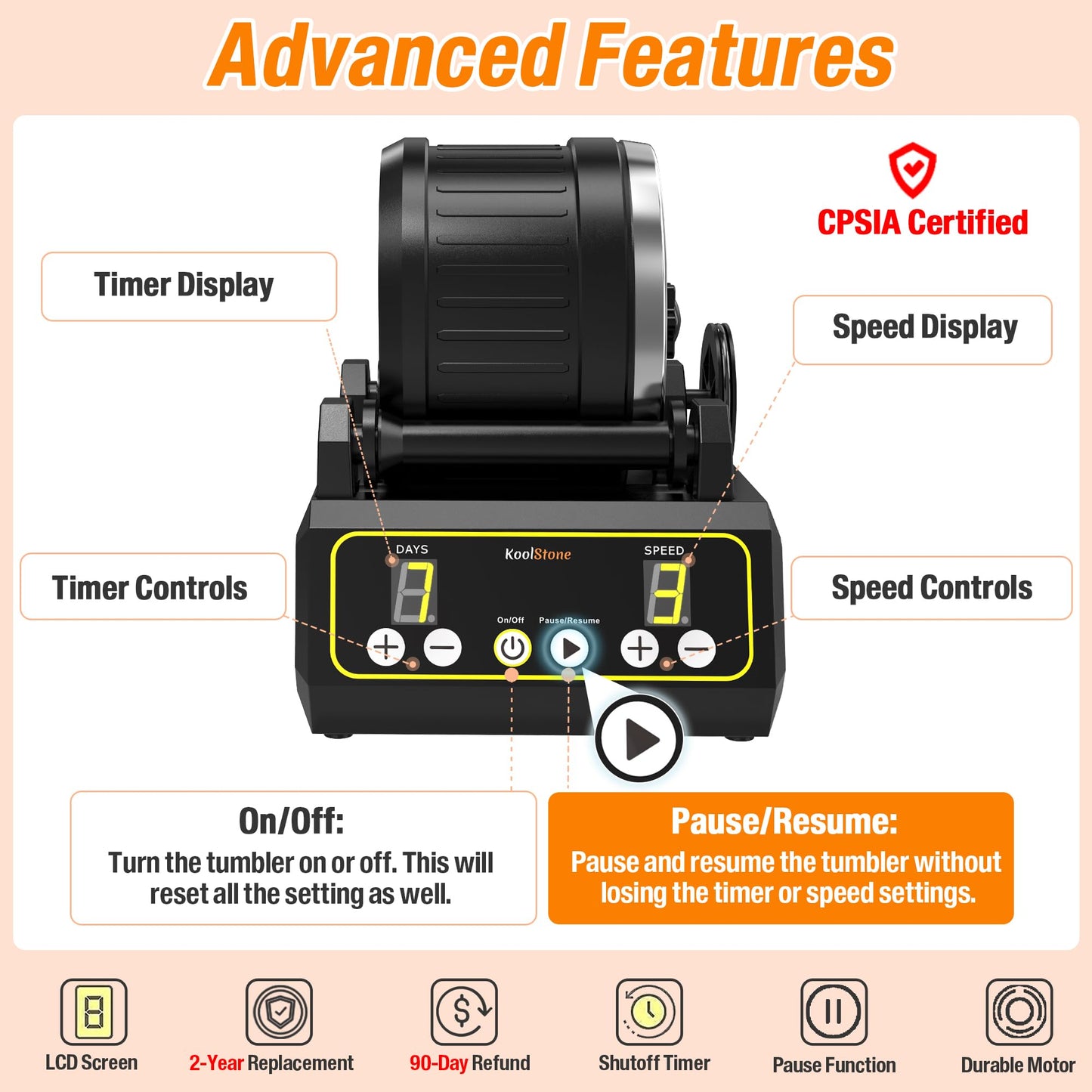 Koolstone C1 Rock Tumbler Kit - Professional Large 2.5Lb Capacity, Up To 5X More Noise Cancelling, Adjustable Timer & Speed With Full Accessories & Memory Function, Ideal For Adults Kids