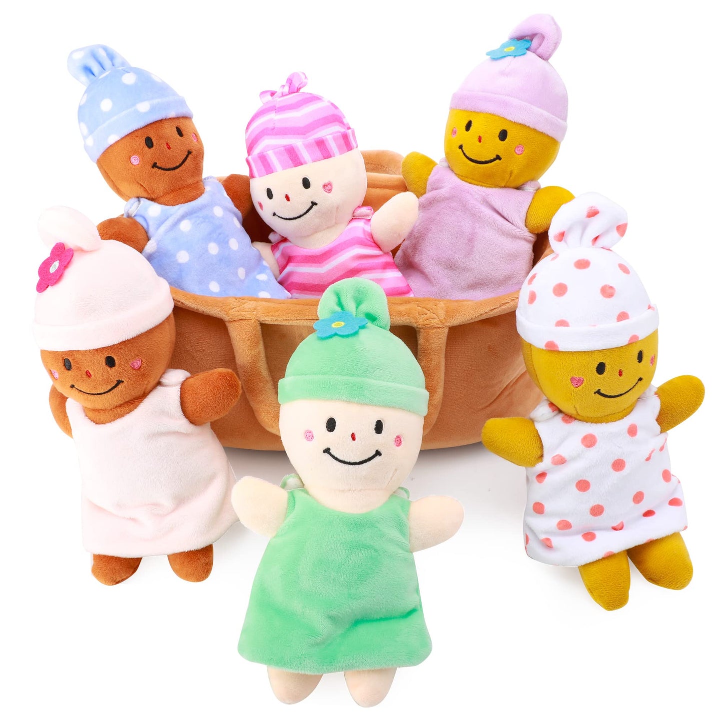 Qpewep Basket Plush Baby Dolls Soft Multicultural Sensory Babies Toy Set 6 Piece Interchangeable Clothes Stuffed Plush Figures For All Ages Gift