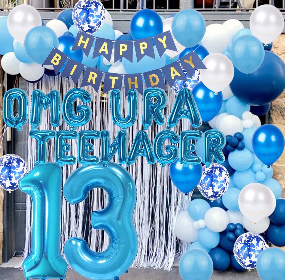 13Th Birthday Decorations Blue For Boys, Omg Ur A Teenager Happy 13Th Birthday Banner Blue Number 13 Star Foil Balloons With Blu