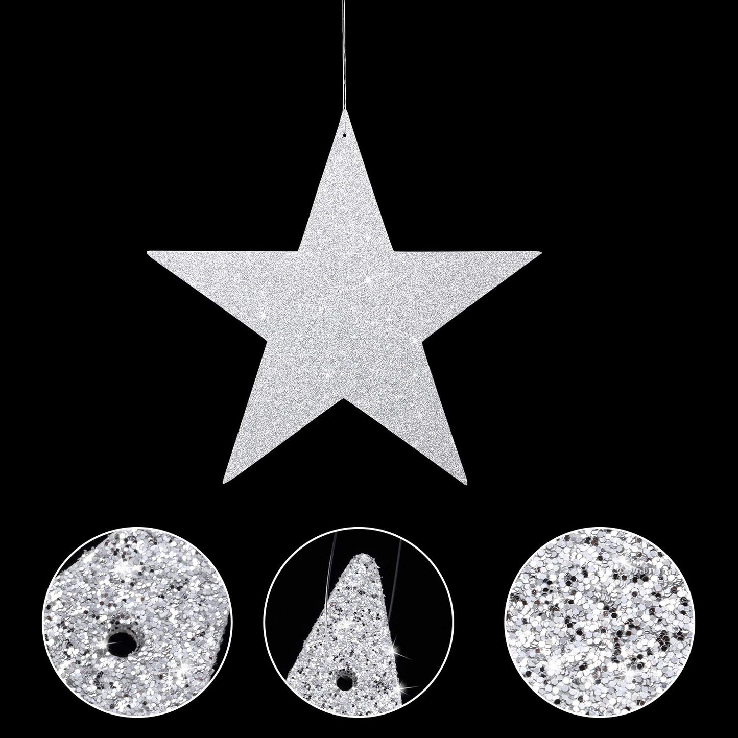 Boao 24 Pieces Silver Cardboard Stars Silver Glitter Stars Cutouts 4 Sizes 6cm/12cm/20cm/30cm Hanging Glitter Star Garlands with