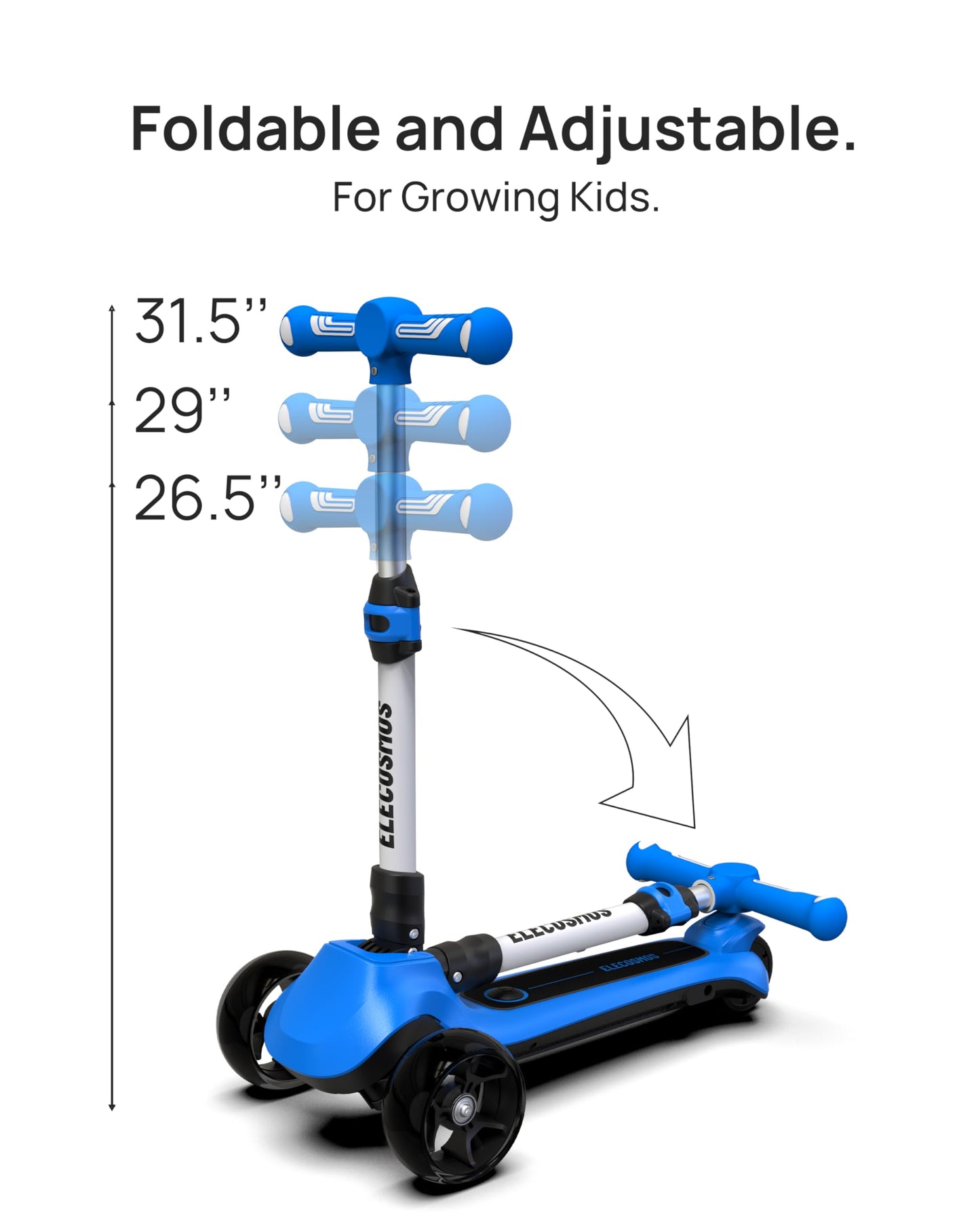 Elecosmos Kids Electric Scooter For Age 4-9, Light Up 3 Wheeled Scooter With Big Led Wheels, Flashing Deck, 3 Adjustable Heights