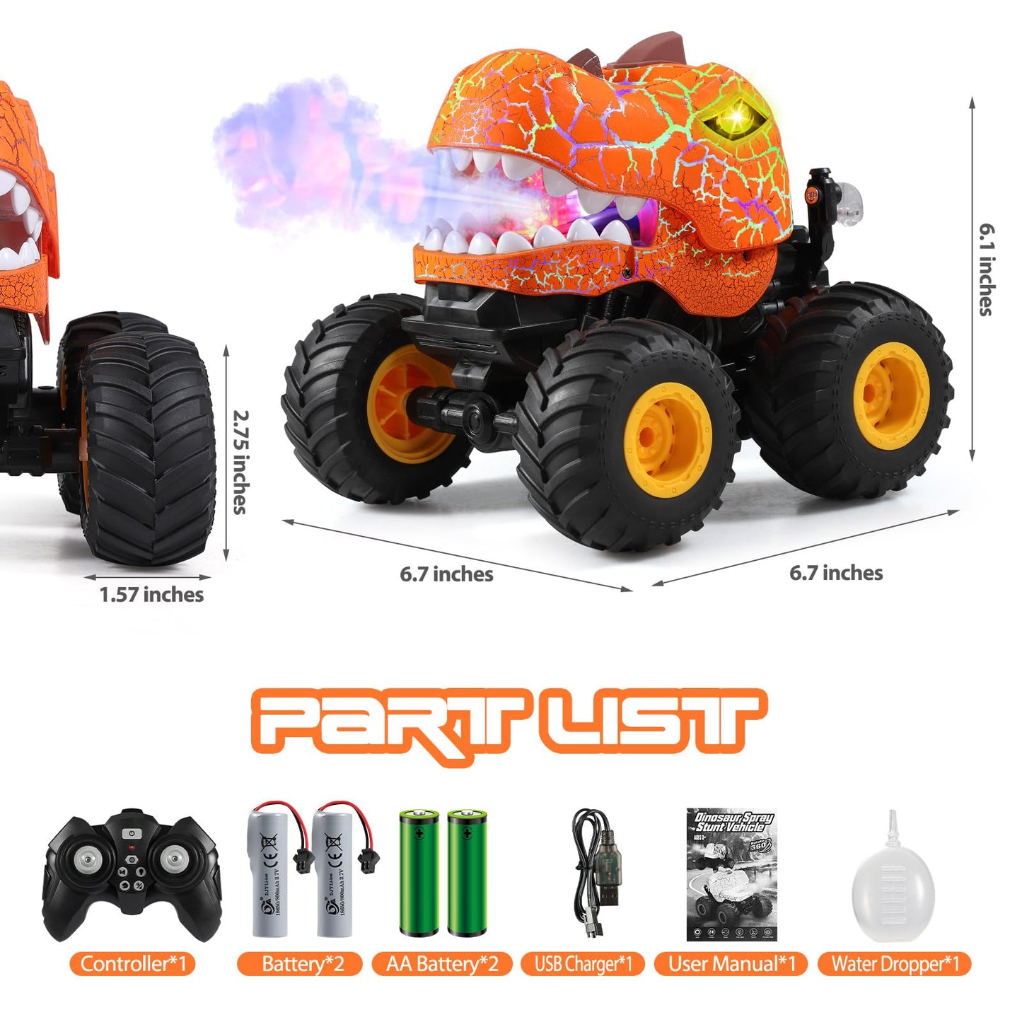 DYODYORC Remote Control Car, 2.4Ghz All Terrain Dinosaur Monster Truck Toys, RC Truck with Spay, Music, 3 Lighting Effects, Stun
