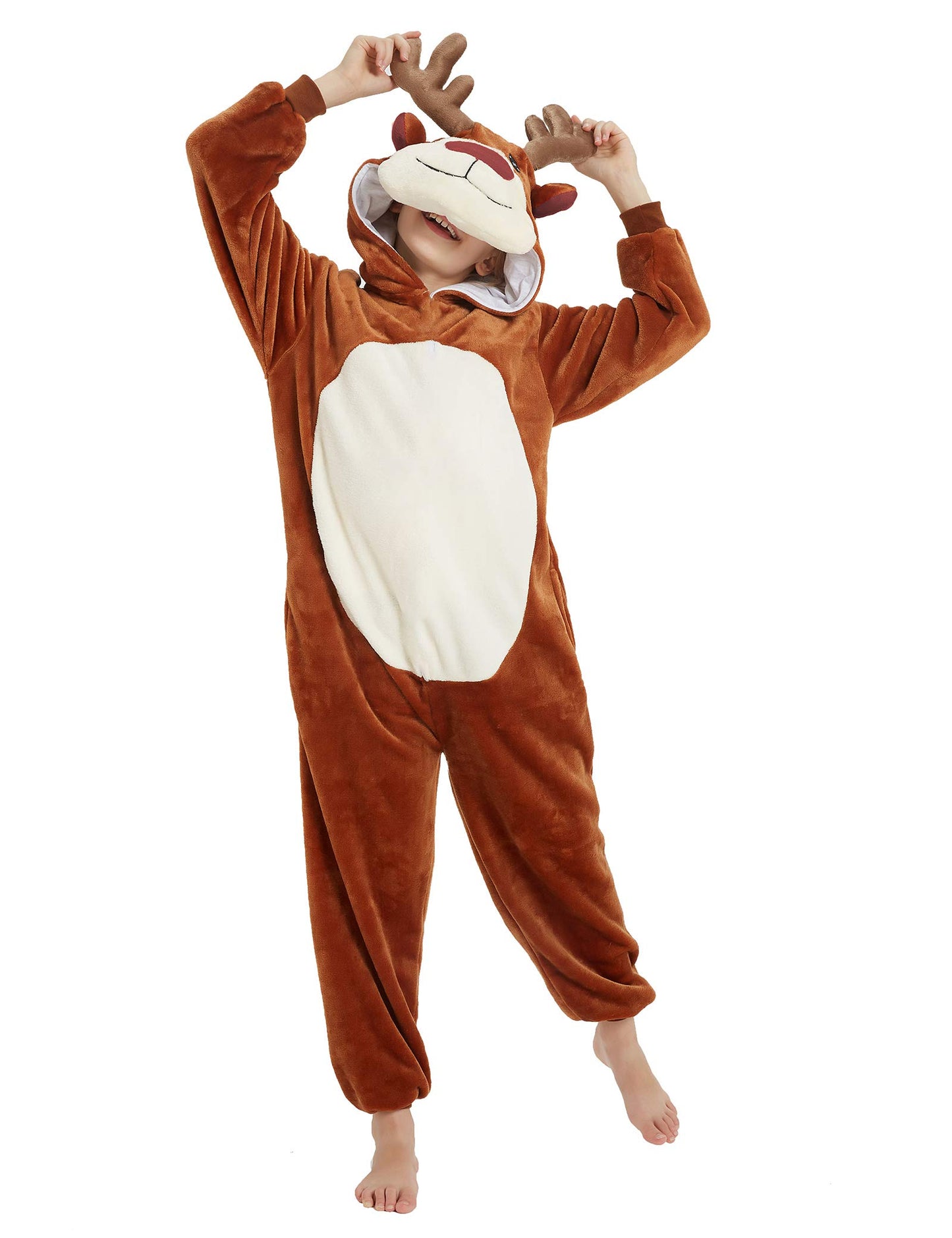 Casabaco Kid Reindeer Onesie Pajamas Deer Halloween Costume Boy Girl Animal Onepiece (Brown, 8-9Years)