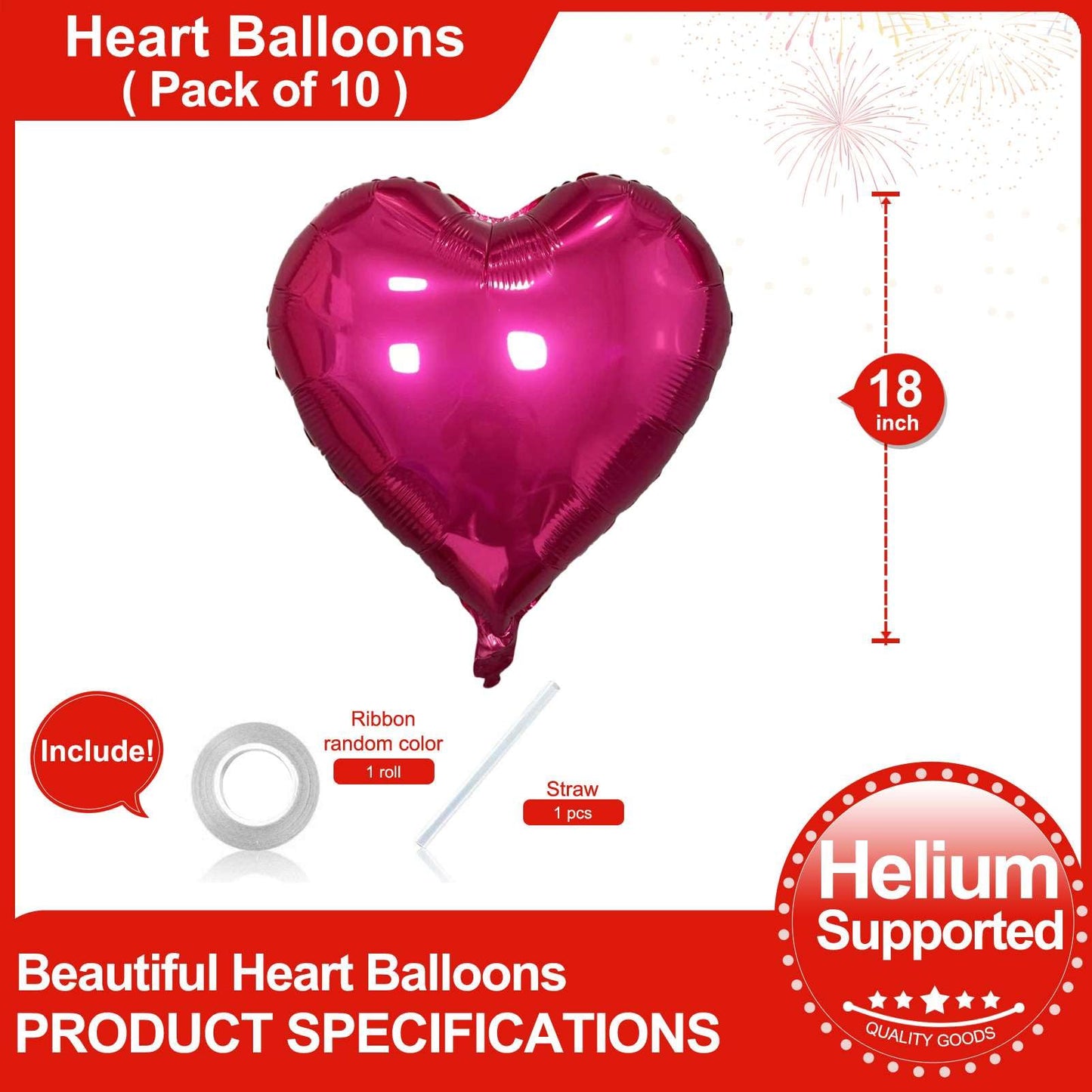 Lovoir 10 Pcs Vibrant Pink Heart Shape Foil Mylar Balloons 18 Inch Love Balloons For Valentine'S Day Birthday Party Decorations