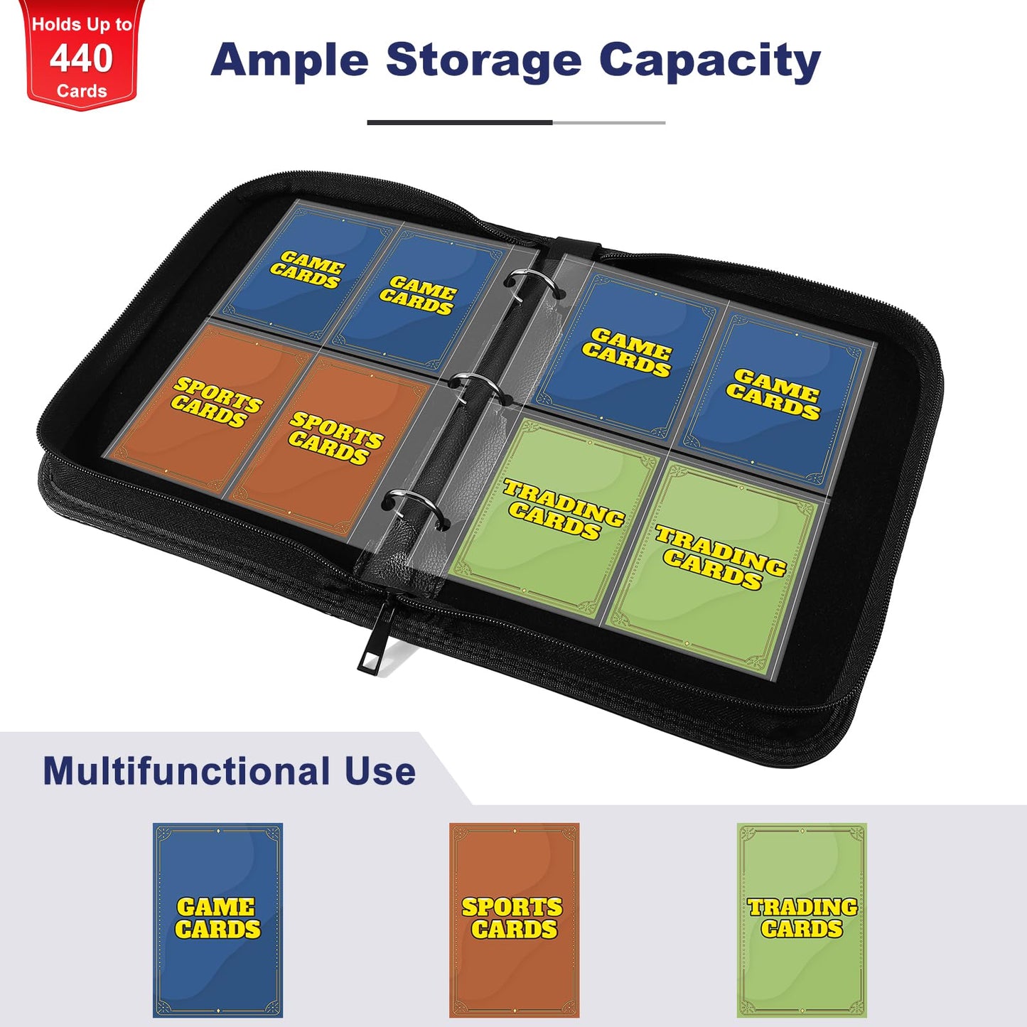 Mlikero 4 Pocket Trading Card Binder with Card Display Design  440 Double Sided Pockets  enhanced Sports Card Binder Compatible with MTG  TCG  Baseball Cards (Black)