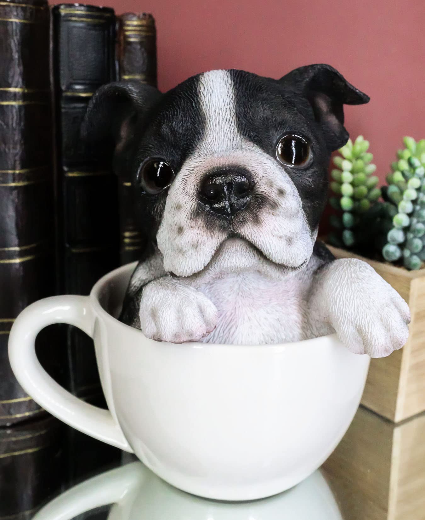 Ebros Gift Realistic Boston Terrier Teacup Pup In White Tea Cup Statue 5.75'' Tall Pet Pal Tuxedo Gentleman Puppy Dog Breed Coll