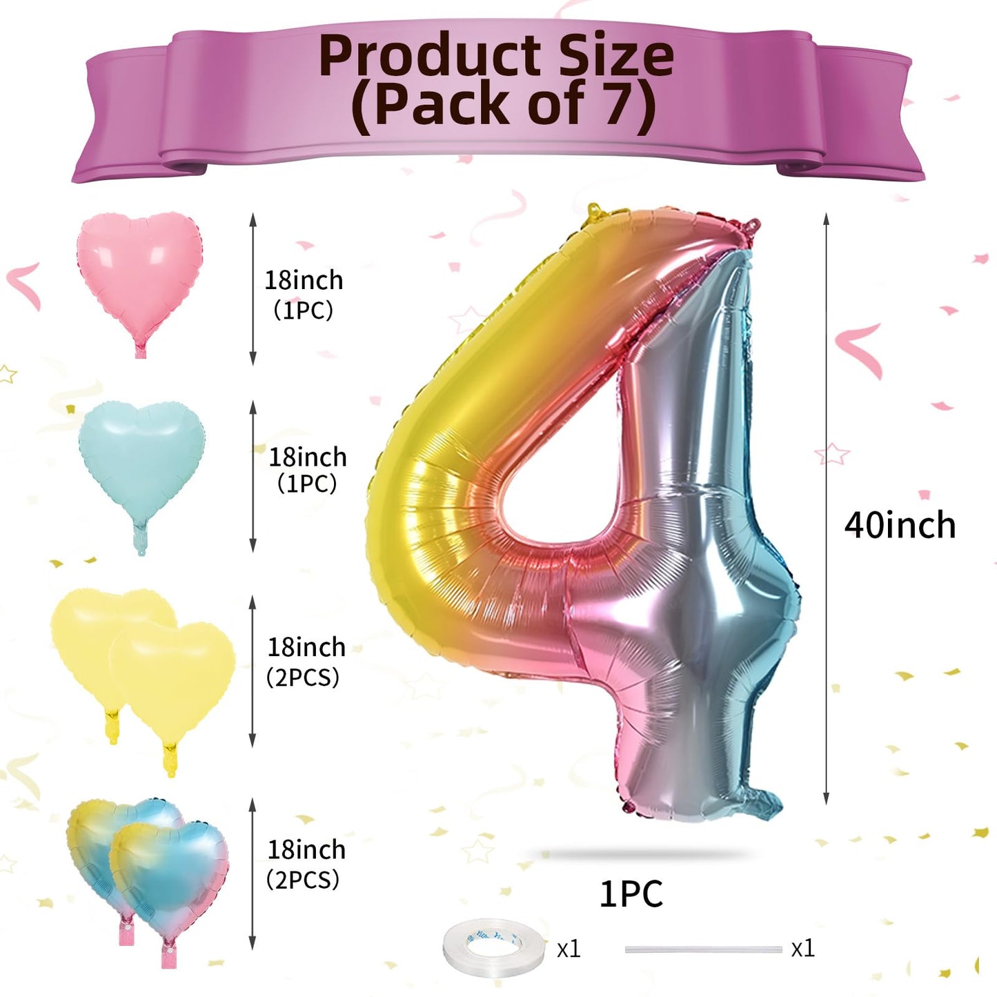 Biapian 40 Inch Rainbow Number 4 Balloons, 7Pcs Gradient Large 4Th Birthday Balloons With 18'' Foil Heart Balloon Helium For 4Th