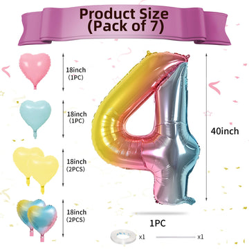 Biapian 40 Inch Rainbow Number 4 Balloons, 7Pcs Gradient Large 4Th Birthday Balloons With 18'' Foil Heart Balloon Helium For 4Th