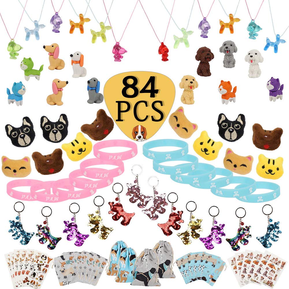 foci cozi 84 Pcs Dog Paw Party Favos Set Toy Pack- Dog Brooch Necklace Keychain Luminous Bracelet Tattoo Sticker Erasers Puppy G